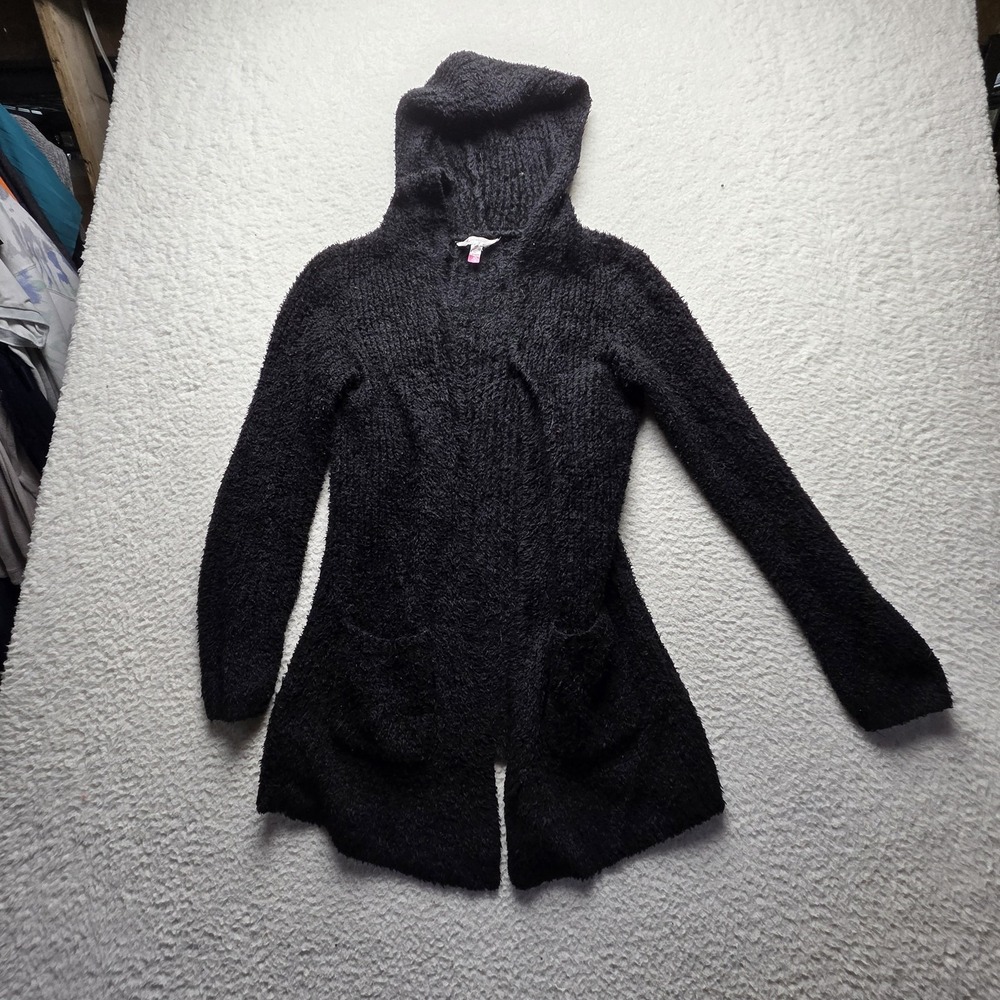 No Boundaries Cardigan Sweater Juniors M Black Hooded Open Front Pockets Knit